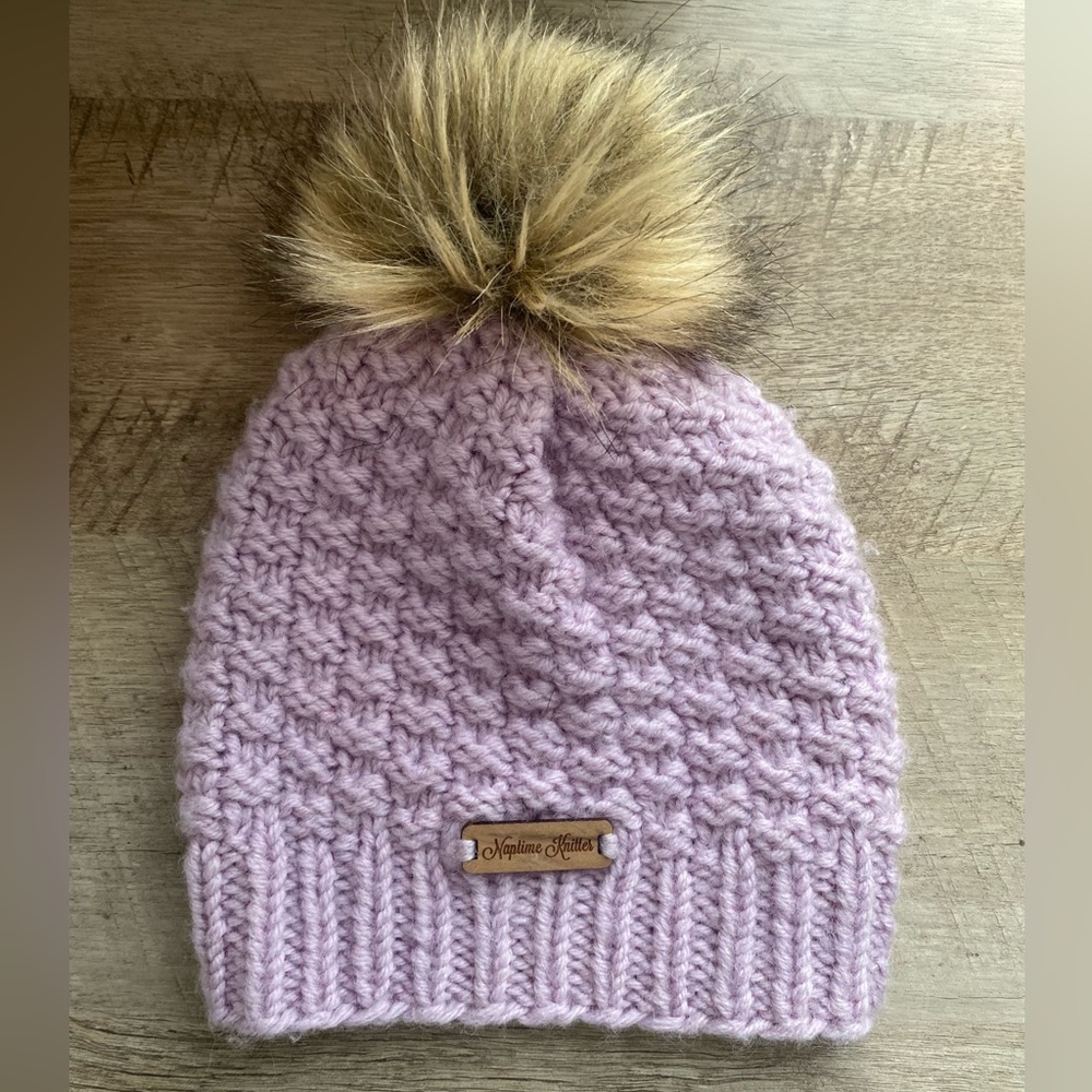 Purple Pink Toddler Girl Wool Pom-Pom Knit Hat, Like New